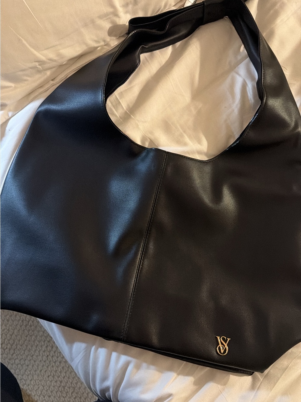 Victoria's Secret Black Faux Leather Shoulder Tote with Gold Logo
